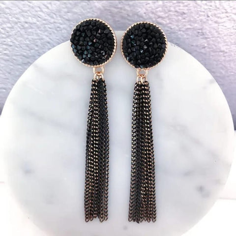 Black Beaded Tassel Earrings