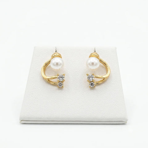 Golden Pearl & Crystal Twist Stud Earrings