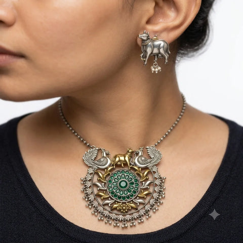 Peacock and Bull Motif Statement Necklace Set