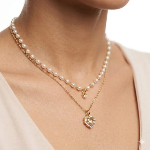 Layered Heart Charm Pearl Necklace